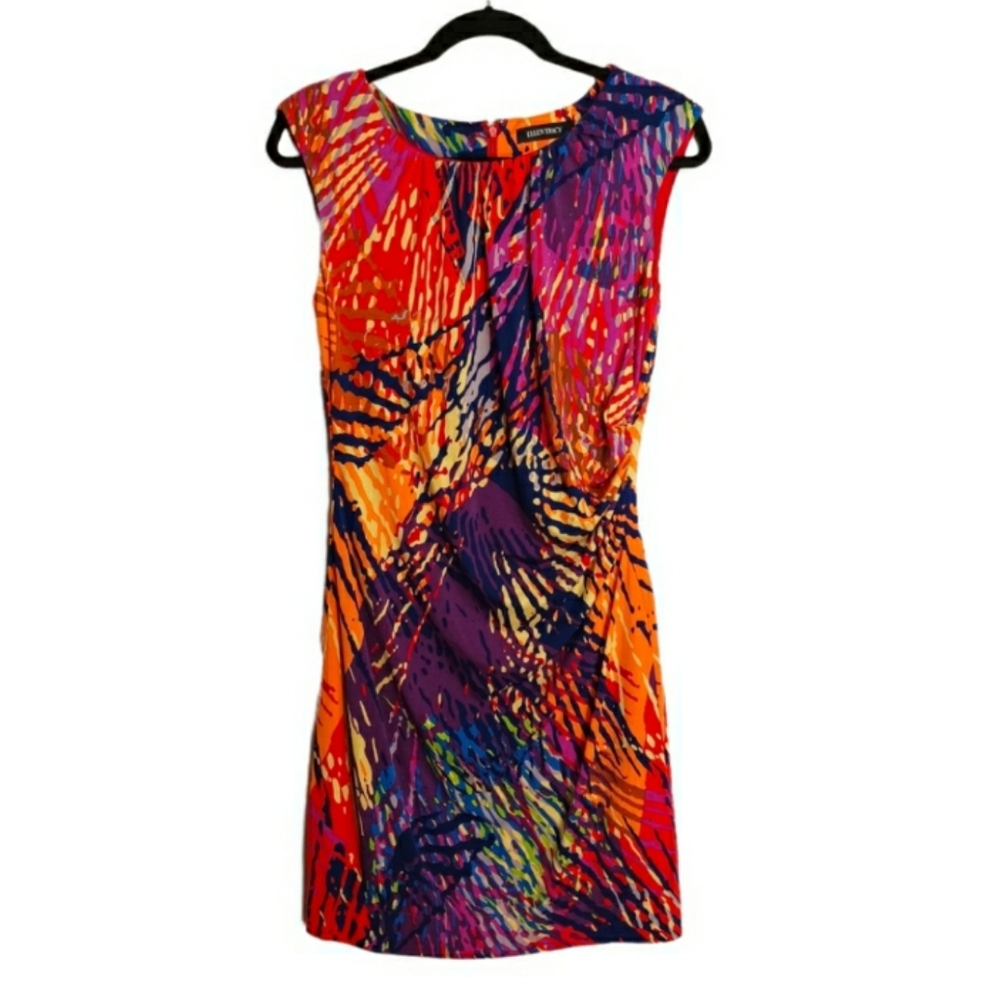 ELLEN TRACY Colorful Rainbow Print Ruching Sleeveless Midi Dress Medium